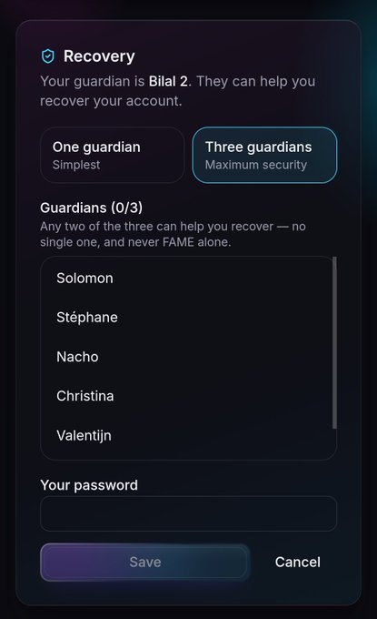 A recovery settings interface showing a 2-of-3 Shamir guardian scheme, where "Three guardians" (Maximum security) is selected over "One guardian," with five available guardians listed (Solomon, Stéphane, Nacho, Cristina, Valentijn) and 0 of 3 currently chosen for a setup called "Bilal 2." The image illustrates the $FAME Guardians Shamir 2-of-3 recovery feature mentioned in the post, showing how users can configure their social recovery guardians instead of relying on seedphrases or hardware wallets.