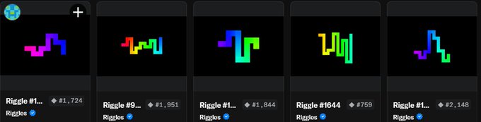 A collection of colorful Tetris-style NFT rigs labeled 'Riggle' with various prices displayed in diamond icons, including '#1,724' and '#1,951'.
