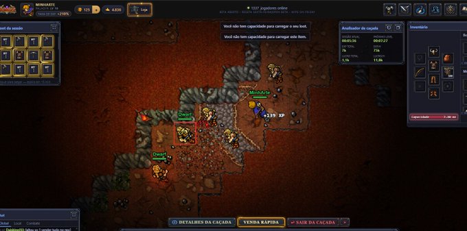 A screenshot of a 2D top-down MMORPG game in Portuguese, showing characters fighting 'Dwarf' enemies in a dungeon and an 'Analisador de equipa' panel on the right.