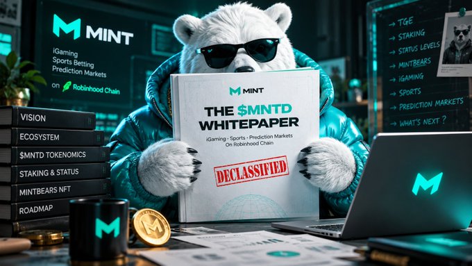 A digital illustration of a polar bear wearing sunglasses and a blue jacket, holding a paper labeled 'M MINT THE $MNTD WHITEPAPER' with 'DECLASSIFIED' stamped on it, surrounded by books and a laptop with the 'M' logo.