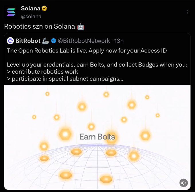 A screenshot of a tweet from Solana (@solana) titled 'Robotics szn on Solana' featuring a quote tweet from BitRobot (@BitRobotNetwork) about 'The Open Robotics Lab' with an 'Earn Bolts' graphic showing golden coins on a globe.