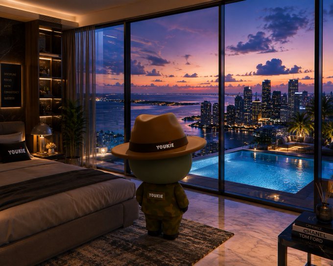 Interior view of a luxury hotel room or penthouse at sunset, featuring a mascot figure wearing a hat labeled 'YOUKIE' in camouflage, overlooking a city skyline and ocean.