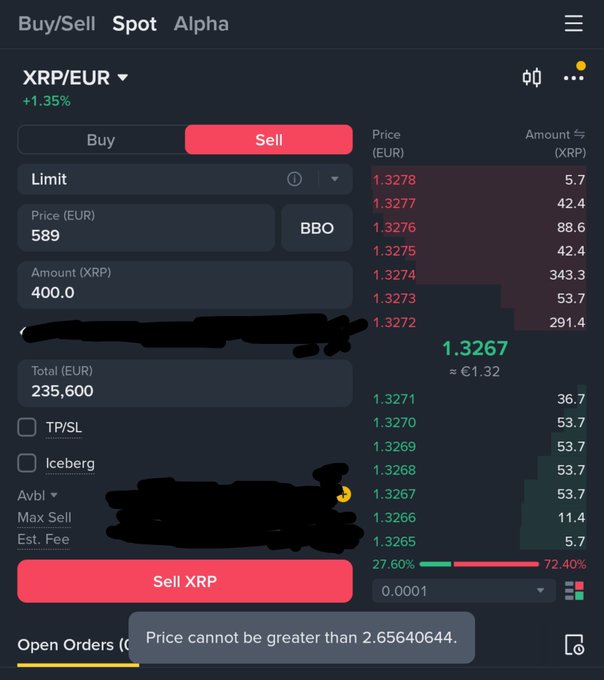A screenshot of a cryptocurrency trading interface for XRP/EUR with the 'Sell' tab active, showing a price of 1.3267 and an error message at the bottom stating 'Price cannot be greater than 2.65640644,' with some user information blacked out.
