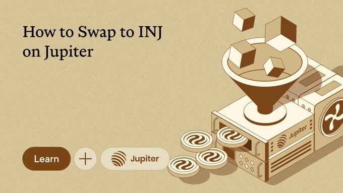 A beige-toned promotional graphic titled 'How to Swap to INJ on Jupiter' featuring a stylized illustration of a Jupiter vending machine dispensing coins into a funnel, with 'Learn' and 'Jupiter' buttons below.