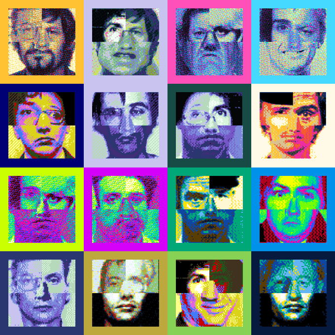 A vibrant pop-art style collage featuring 16 panels of men's faces rendered in high-contrast, colorful halftone and posterized effects.