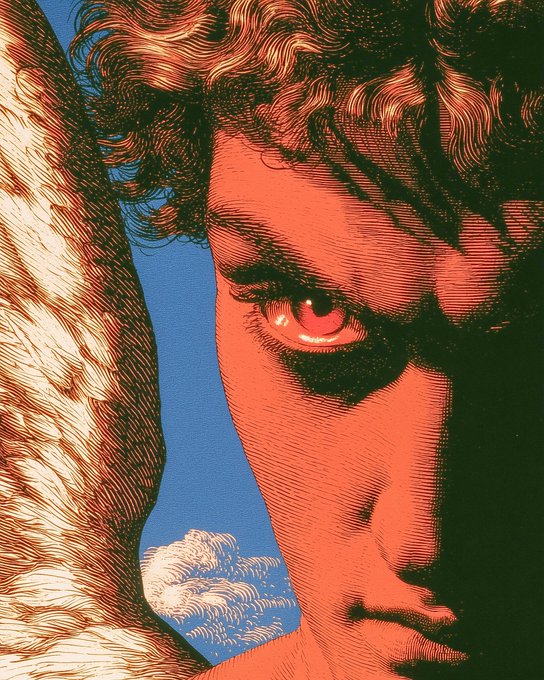 A detailed woodcut-style illustration features a close-up of a man's intense red eye and face, with wing-like textures and a patch of blue sky with clouds on the left.