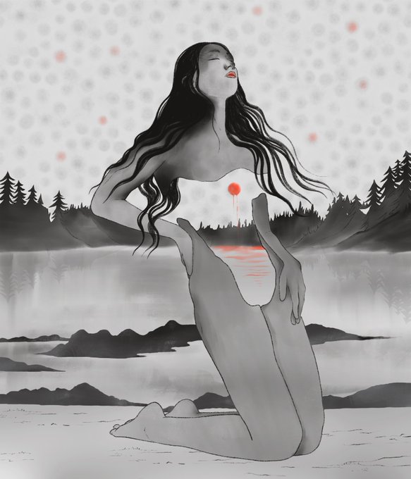 A grayscale illustration of a kneeling woman with long flowing black hair, whose body seamlessly blends into a landscape featuring a forest, lake, and mountains under a dotted sky, with a bright red sun visible on her chest.