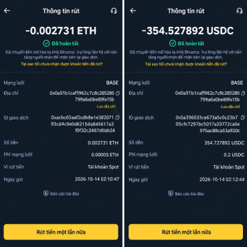 A screenshot of withdrawal information showing pending transactions: -0.002731 ETH and -354.527892 USDC, both marked as 'Đã hoàn tất' (Completed).