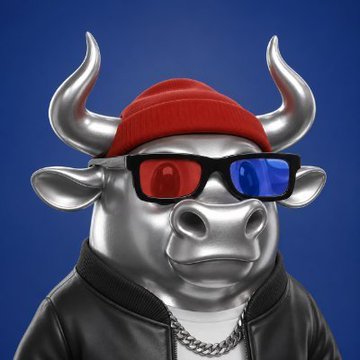 A 3D-rendered character of a bull or cow wearing a red beanie, 3D glasses (red and blue lenses), a black jacket, and a silver chain necklace against a blue background.