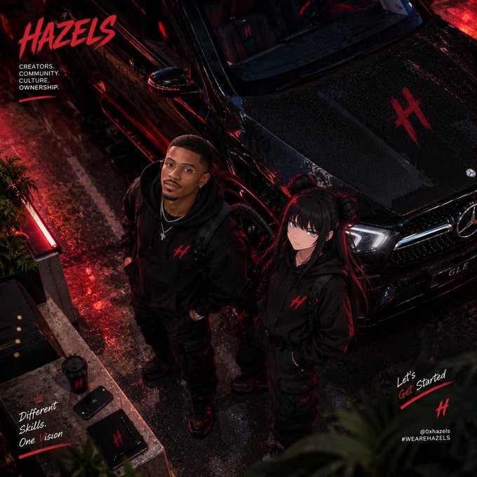 A promotional image for 'HAZELS' showing a man in a black hoodie standing next to an anime character with black twin-tails, both in front of a black Mercedes GLE.