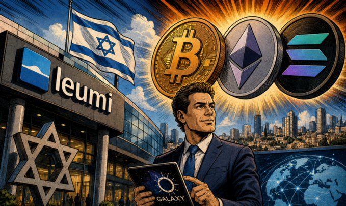 A digital illustration featuring a man in a suit holding a 'Galaxy' tablet, with the 'leumi' bank building and Israeli flag in the background, and Bitcoin, Ethereum, and Solana coin symbols floating above.