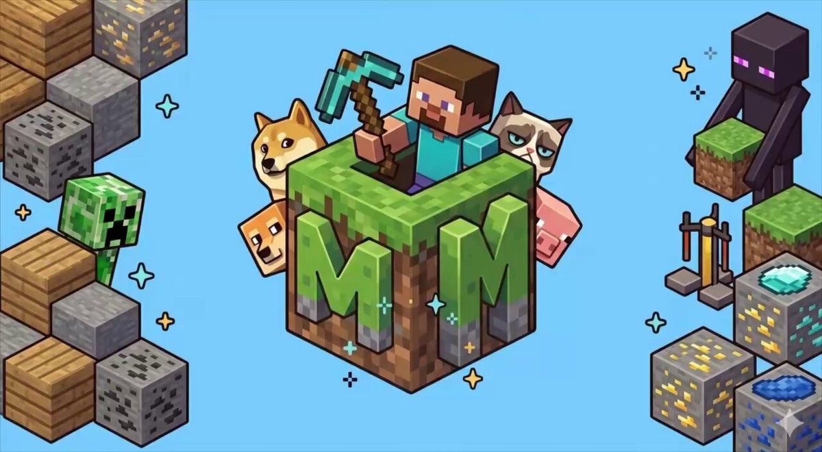The image features a cartoon character holding a shovel with the letters "MM" written above him. This character appears to be mining for treasure or building something out of blocks, which are scattered around the scene. The background includes various other characters such as dogs, cats, and a person dressed in black. The post also mentions that this game is about creating a 3D open world universe with creative freedom, and it encourages players to mine value from their actions and creations.