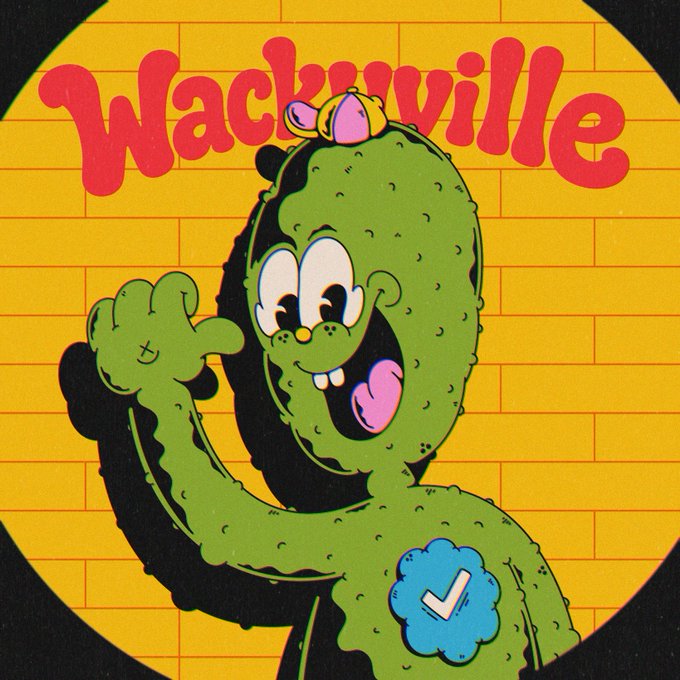 A retro-style cartoon illustration features a green cactus-like character wearing a pink bow, with a blue flower on its arm, set against a yellow brick wall background with the text 'Wacksville' in red.