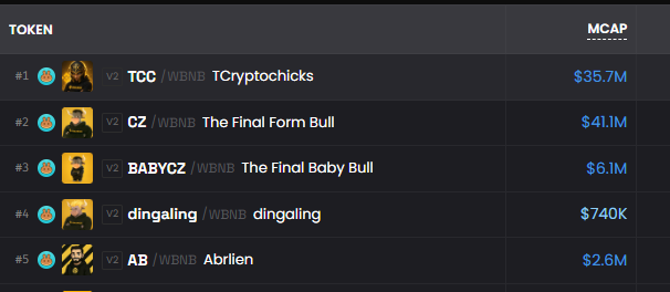 This image displays a leaderboard of trending tokens on the BNB Chain, highlighting market caps for "TCcryptochicks" (TCC) at $35.7M and "CZ" at $41.1M. The screenshot supports the post's claim that celebrity-related meme coins are surging, with TCC and CZ currently competing for top positions.