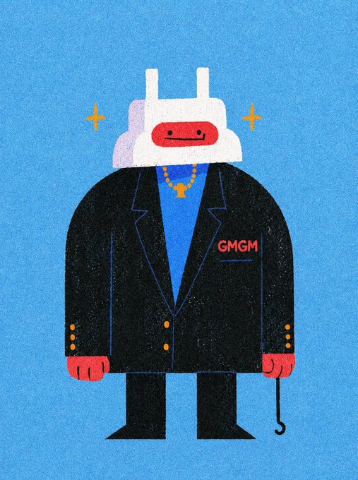 An illustration of a character in a black suit with 'GMGM' on the pocket, wearing a rabbit-eared helmet and gold chain against a blue background.