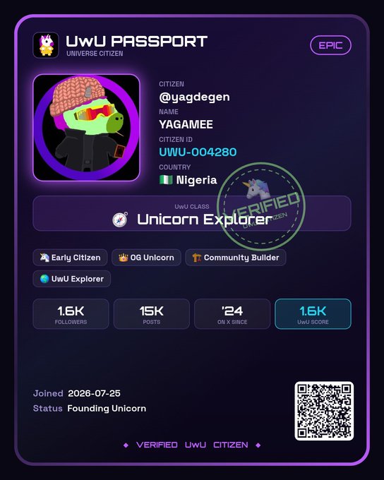 A digital 'UwU PASSPORT' profile card for a 'Universe Citizen' named YAGAMEE (@yagdegen) from Nigeria, classified as a 'Unicorn Explorer' with 1.6K followers and a Founding Unicorn status.