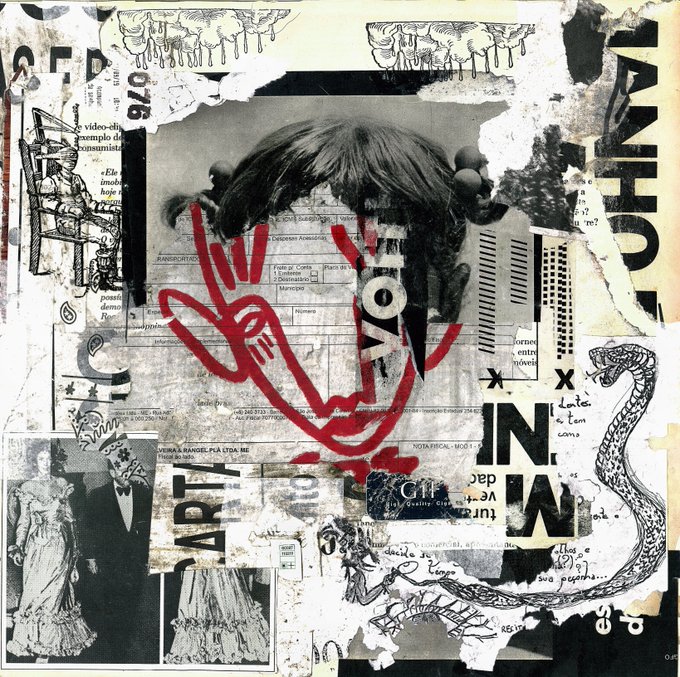 A black, white, and red collage artwork featuring vintage newspaper clippings, fashion illustrations, a snake illustration, and a prominent red hand-drawn figure.
