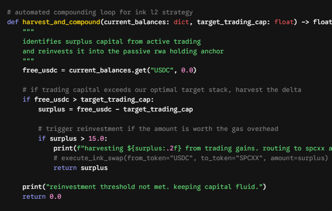 Python code snippet defining a `harvest_and_compound` function that reinvests surplus USDC capital above a target trading cap into an "spcxx" passive holding anchor.