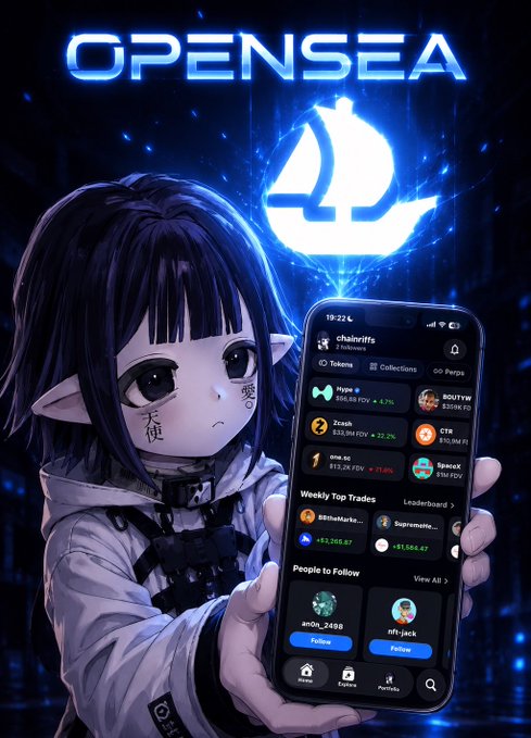 The image features a girl holding up her phone displaying an app called OpenSea. She appears to be excited about the beta version of the app, which she has been testing for the past few days. The girl's enthusiasm is evident as she shares her experience with others through social media or messaging apps.