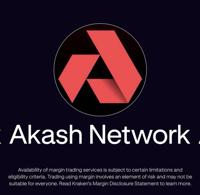 Logo for 'Akash Network' with a red geometric symbol, accompanied by disclaimer text about margin trading services from Kraken.