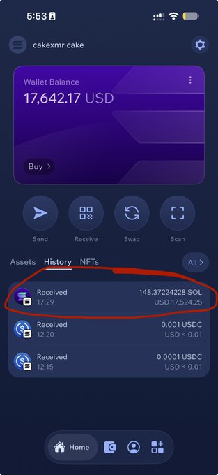 A screenshot of a crypto wallet app showing a wallet balance of 17,642.17 USD for user 'cakexmr cake', with the transaction history circled in red highlighting a recent receipt of 148.372244228 SOL ($17,524.25).