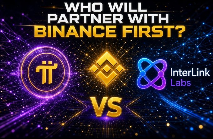 A promotional graphic asking "WHO WILL PARTNER WITH BINANCE FIRST?" featuring the Pi Network logo on the left, the Binance logo in the center, and the InterLink Labs logo on the right, all set against a cosmic network background with a "VS" between Pi Network and InterLink Labs, visually reinforcing the post's poll between the two projects for a potential Binance partnership.