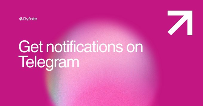 A pink promotional graphic with 'Ryfinite' branding and the text 'Get notifications on' next to a white Telegram paper plane logo.