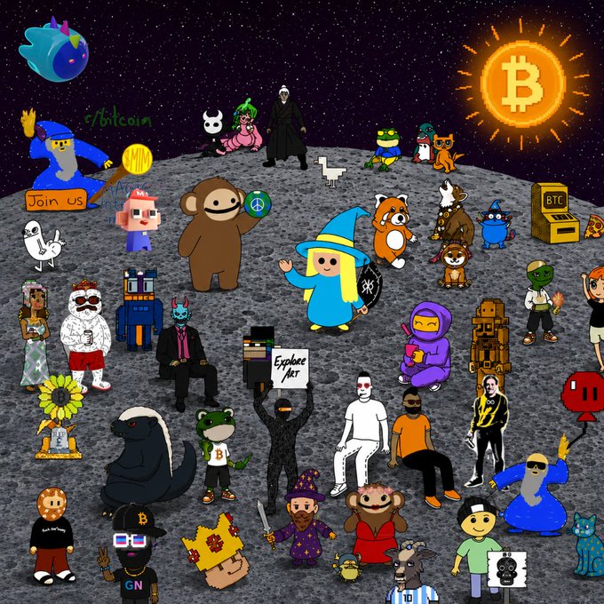 The image features a cartoon-style illustration of various characters, including humans and animals such as dogs, cats, and birds, all gathered together on a rocky surface or mountain top. The characters are dressed in colorful clothing and accessories, creating a vibrant and lively scene. In the background, there is a sun that appears to be made out of Bitcoin symbols, adding an interesting visual element to the image. The post about Bitcoin Ordinals $BTC suggests that this illustration might be related to Bitcoin or cryptocurrency-related topics, possibly as part of a promotional campaign or artistic project exploring the theme of digital currency and its impact on society.