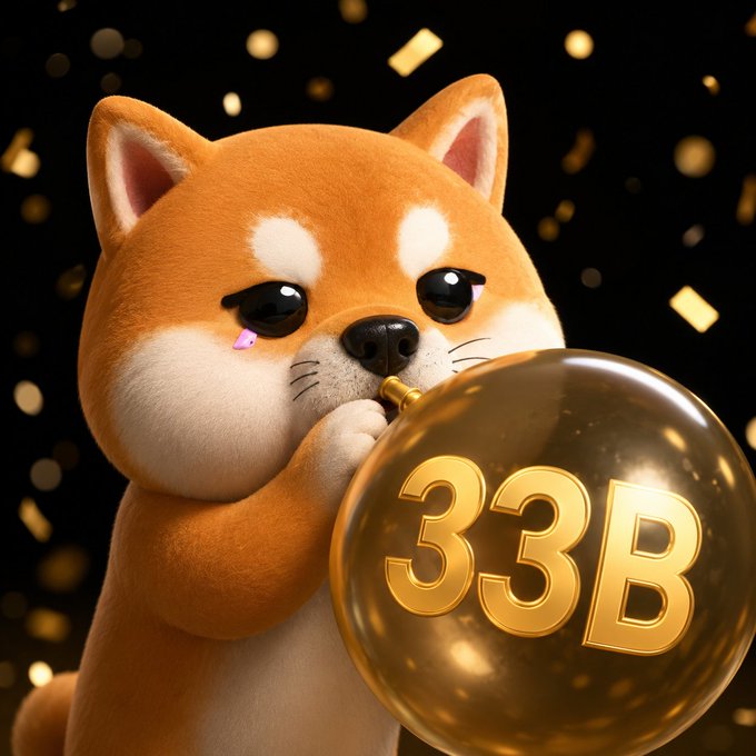 3D rendered cartoon Shiba Inu dog character blowing up a gold balloon with '33B' written on it against a black background with golden confetti.