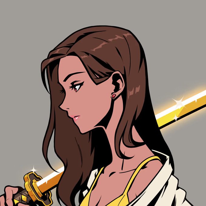 An anime-style illustration of a brown-haired woman in profile wearing a yellow top and holding a glowing golden katana, with no visible text. The image complements the post's reflection on Azuki NFTs by visually representing the artistic, anime-inspired aesthetic of the collection that makes certain pieces personally meaningful beyond their market value.