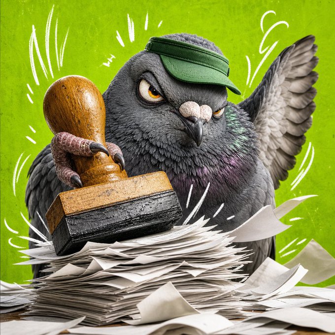 A humorous illustration of an angry pigeon wearing a green visor, holding a rubber stamp and slamming it onto a large stack of paperwork, with motion lines emphasizing the action.