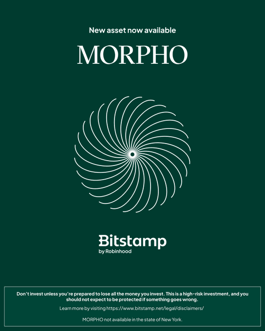 Bitstamp by Robinhood announces the listing of MORPHO as a new asset, featuring a geometric spiral design on a dark green background with a prominent disclaimer noting it's not available in New York.