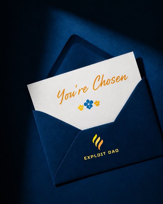 An open dark blue envelope on a dark background with a card inside reading 'You're Chosen' with floral decorations and the 'EXPLOIT DAO' branding.