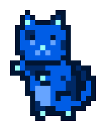 A pixel art illustration of a blue, cat-like creature with pointed ears and a small body against a white background.