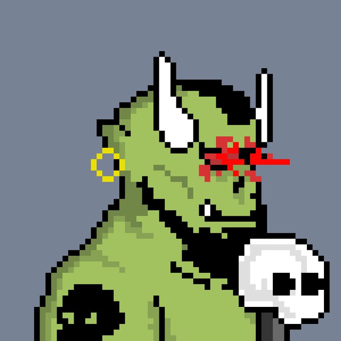 Pixel art illustration of a green, horned creature with a nose ring, smoking, while holding a white skull, with red pixelated splotches on its face.