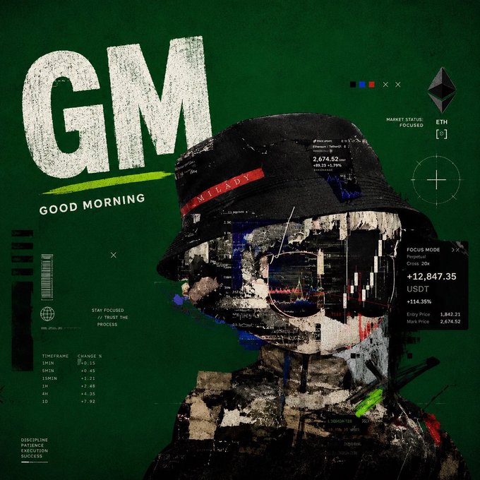 A dark, artistic digital collage featuring a figure in a bucket hat overlaid with financial trading data, candlestick charts, and the large text 'GIM - GOOD MORNING' along with 'ETH' and '+12,847.35 USDT' market figures.