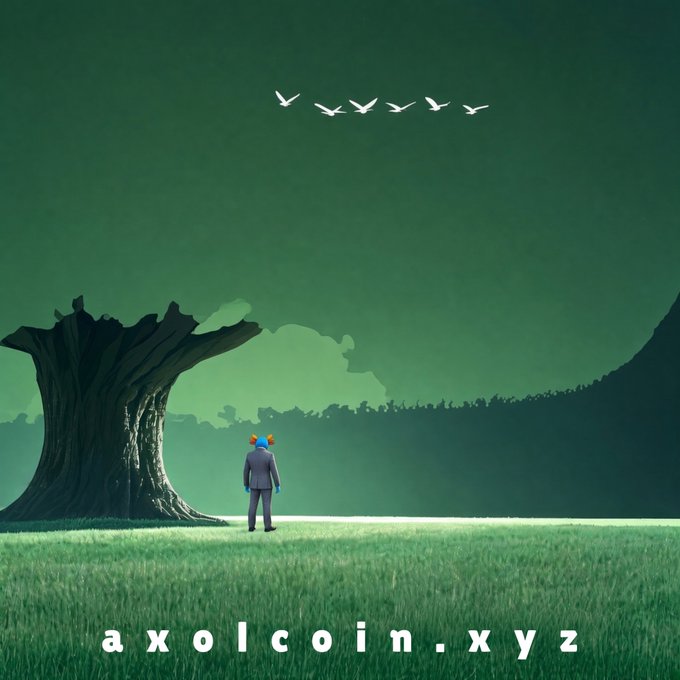 A surreal digital artwork featuring a small figure standing before a large twisted tree under a green sky, with white birds flying in formation and the text 'axolcoin.xyz' at the bottom.