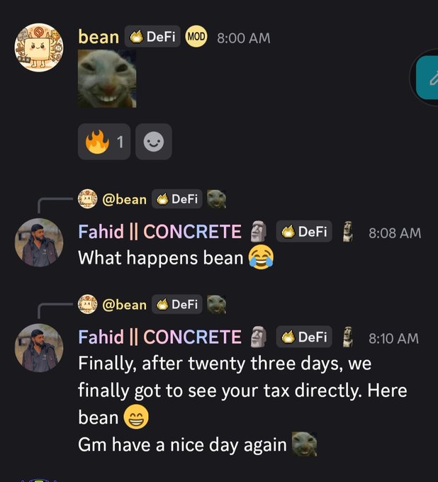 A Discord chat showing user "bean" posting a meme at 8:00 AM, followed by "Fahid || CONCRETE" replying with playful messages about finally seeing "bean's tax" after twenty-three days, wishing a good morning. The conversation reflects the friendly, community-driven spirit highlighted in the accompanying post celebrating a Web3 milestone with the MOAI community.