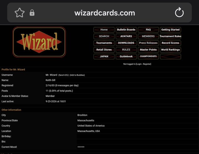 A profile page on wizardcards.com for user 'Mr. Wizard' (Keith Gill) from Brockton, Massachusetts, showing member status and forum activity.