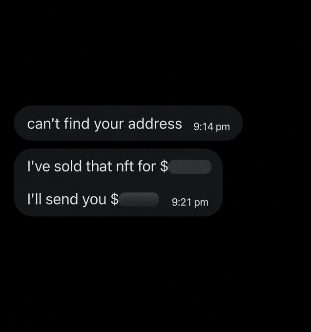 A text exchange reads: "can't find your address — 9:14 pm" followed by "I've sold that nft for $ [redacted]" and "I'll send you $ [redacted] — 9:21 pm." The image illustrates the post's theme of genuine friendships formed in the crypto space, showing a trusted peer promptly sending payment after selling an NFT.