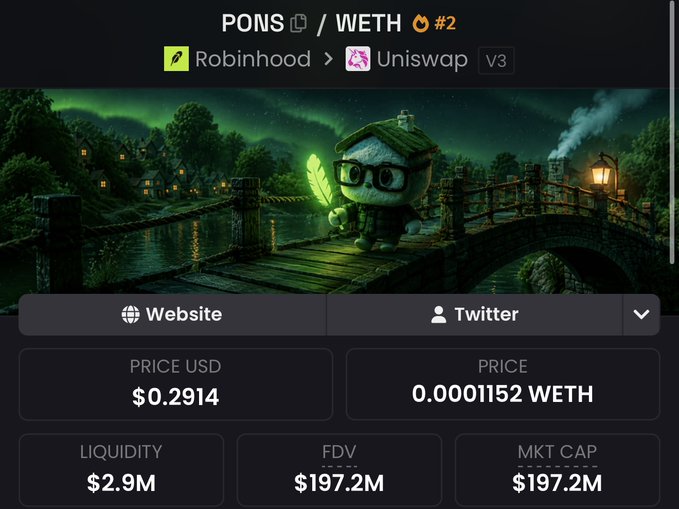 The image shows the PONS/WETH trading pair (ranked #2) on Uniswap V3 via Robinhood, displaying a price of $0.2914 USD, liquidity of $2.9M, and a market cap/FDV of $197.2M. The post compares $PONS's daily revenue and $197M valuation unfavorably to $STONK's stronger revenue and lower market cap, questioning why investors should buy a token with weaker fundamentals at a similar or higher price.
