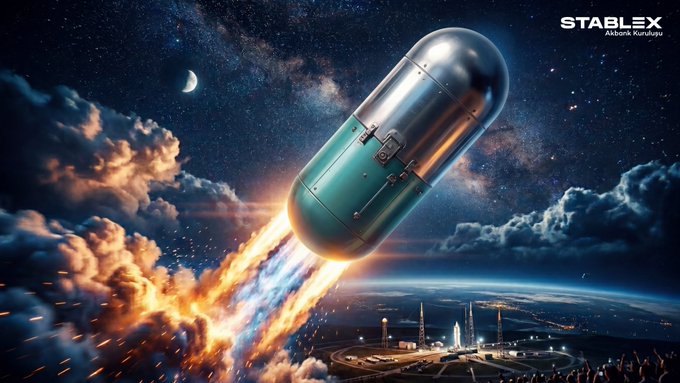 A pill-shaped capsule blasts upward through clouds into a starry night sky, with the text "STABLEX" and "Akbank Kuruluşu" visible in the upper right, symbolizing the launch of crypto and stablecoin regulations discussed in the accompanying Turkish-language crypto market update.
