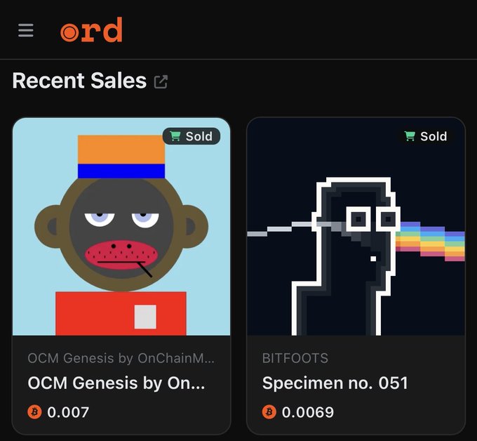 NFT marketplace 'ord' Recent Sales page displaying two sold items: OCM Genesis by OnChainM... for 0.007 BTC and BITFOOTS Specimen no. 051 for 0.0069 BTC.