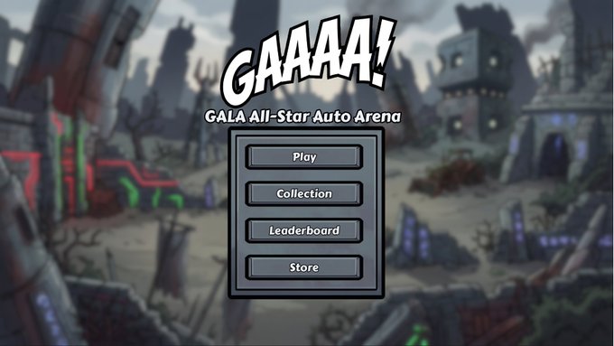 The image features a poster for a video game called "Gala Chain", which is an action roleplaying game set in a post-apocalyptic world. The poster displays the game's title, a screenshot of the game's interface, and a link to the game's website. It also includes text that reads: "Gala Chain Gala All-Star Auto Arena links.gala.com/Play-Gala-All-". This suggests that the game is available for purchase on the Gala chain store.