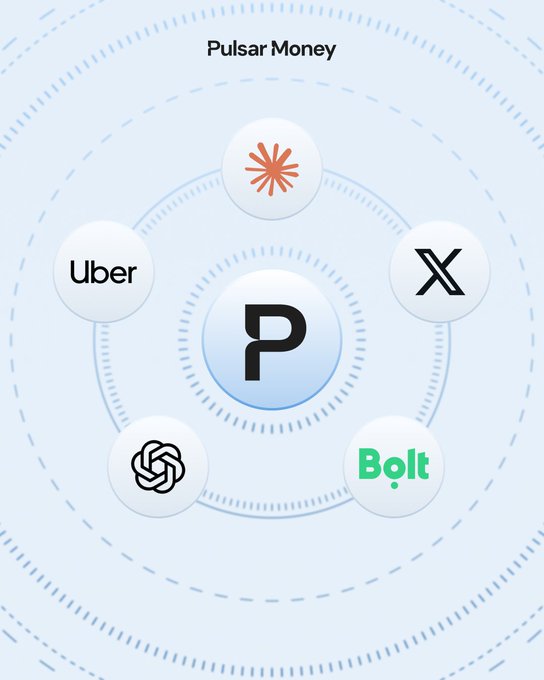 A 'Pulsar Money' infographic showing a central 'P' logo connected to surrounding circular icons for Uber, X, Bolt, ChatGPT, and another orange starburst symbol.