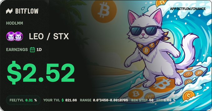 Bitflow Hodlmm dashboard showing earnings of $2.52 for the LEO/STX pair, with an illustrated cat surfing on Bitcoin coins.