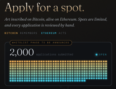 A promotional graphic for an application titled 'Apply for a spot,' noting 'Art inscribed on Bitcoin, alive on Ethereum,' with 2,000 applications submitted indicated by a colored grid below.