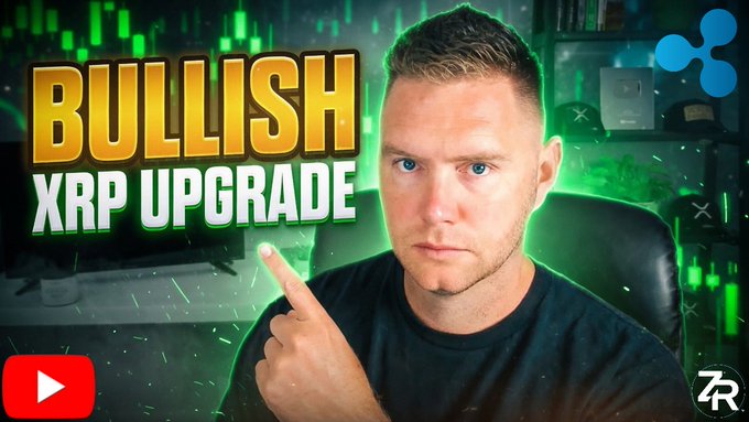 A YouTube thumbnail features a man pointing upward beside bold text reading "BULLISH XRP UPGRADE," set against a green digital background, promoting a video about developers calling a new XRP upgrade "super bullish."
