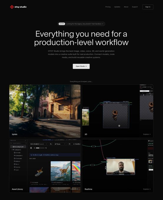 The image shows the OTOY Studio website homepage, featuring the tagline "Everything you need for a production-level workflow" with sections showcasing Splats, 3D, Asset Library, and Realtime capabilities. This relates to the post by promoting OTOY Studio as a creative suite that now supports 4K video editing with Kling, highlighting its capabilities for image, video, voice, and 3D world-generation models.