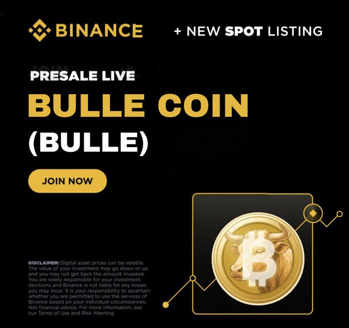 This image is a promotional advertisement featuring the Binance logo alongside text announcing a "NEW SPOT LISTING" and "PRESALE LIVE" for "BULLE COIN (BULLE)," with a "JOIN NOW" button and a gold coin graphic depicting a bull with the Bitcoin "B" symbol. The accompanying post promotes a giveaway of 125K $BULLE tokens per wallet, with users asked to leave their Solana address, suggesting this image is being used to lend credibility to the airdrop promotion by falsely associating the unlisted token with Binance.